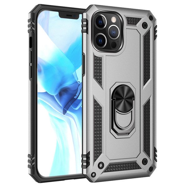 Wholesale Tech Armor Ring Stand Grip Case with Metal Plate for iPhone 12 / iPhone 12 Pro 6.1 inch (Silver)